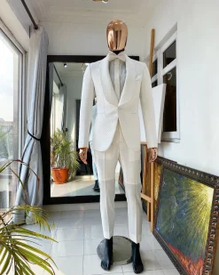 An Ivory white reloaded “Road To Damascus” monochrome square pattern jacquard tuxedo suit.