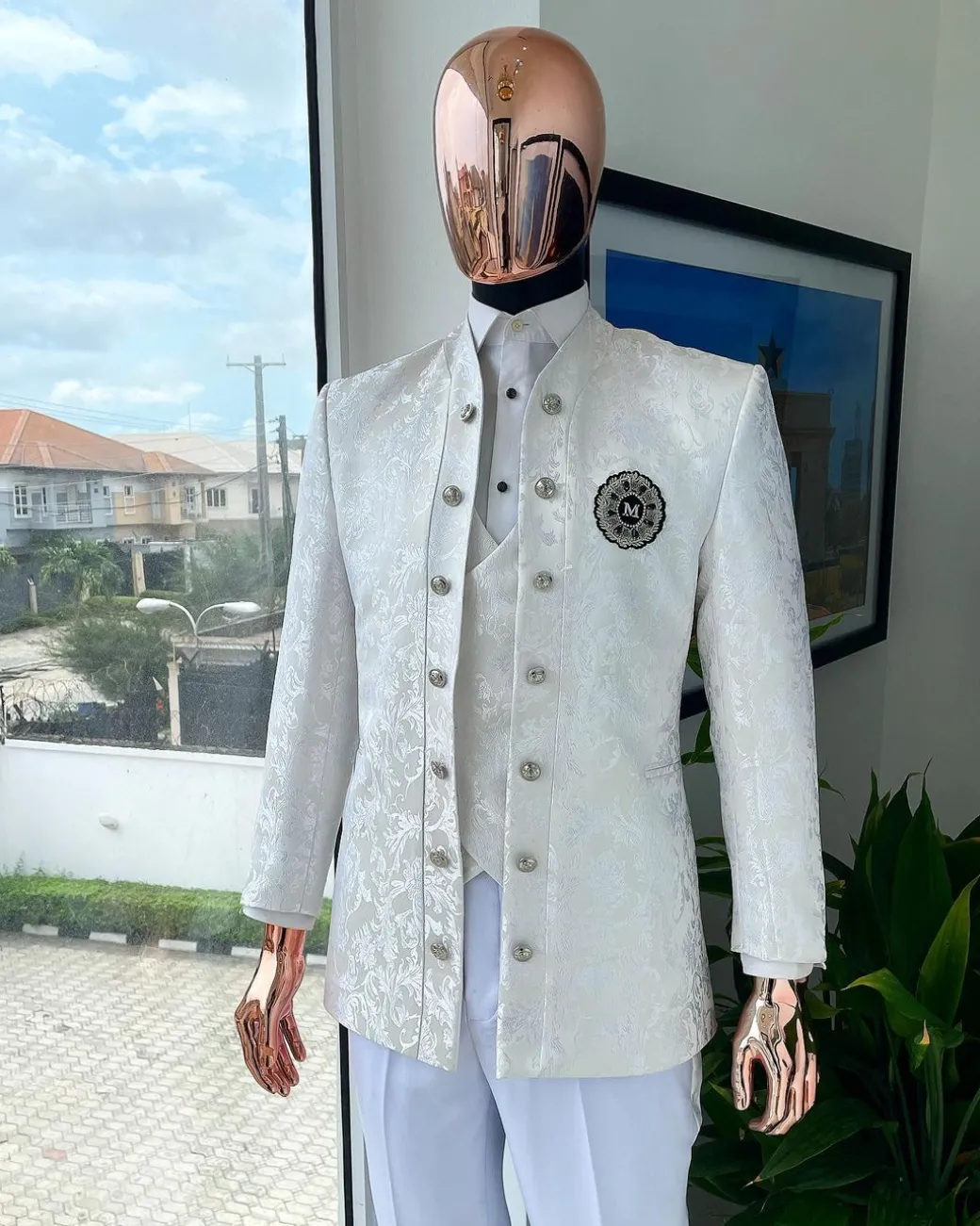 An Ivory white reloaded “stratosphere” dispersed pattern jacquard Suit.