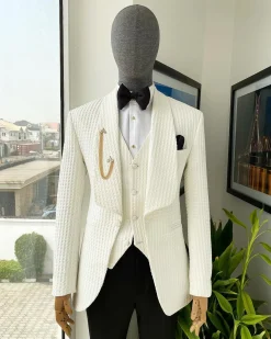 An Ivory White, Shawl Lapel, Plunged Square Patterned Jacquard Suit