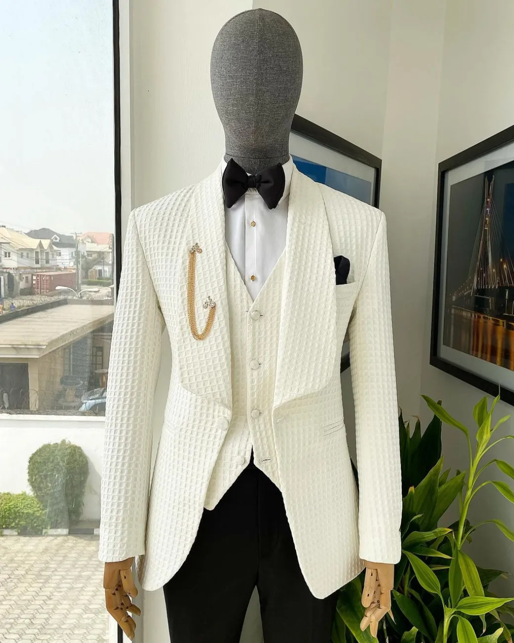 An Ivory White, Shawl Lapel, Plunged Square Patterned Jacquard Suit