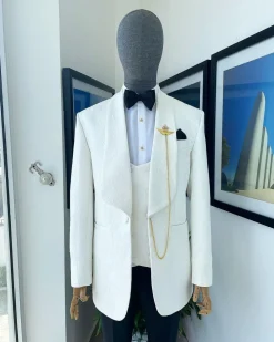 An Ivory white shawl lapel floral jacquard tuxedo suit