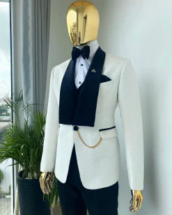 An Ivory white shawl lapel square pattern jacquard tuxedo suit.