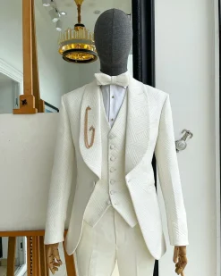 An ivory white, shawl lapel, “maze” line intersection Japanese patterned jacquard suit