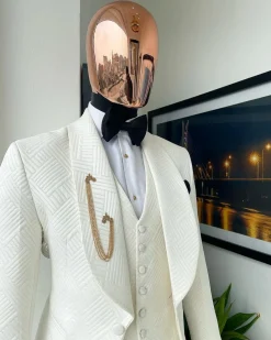 An Ivory White, Shawl Lapel “Maze” Line Intersection Japanese Patterned Jacquard Suit
