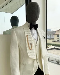 An Ivory White, Shawl Lapel, Plunged Square Patterned Jacquard Suit