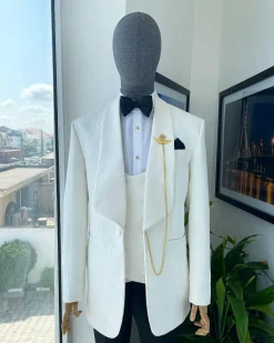 An Ivory white shawl lapel floral jacquard tuxedo suit