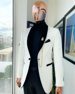 An Ivory white shawl lapel floral jacquard suit.