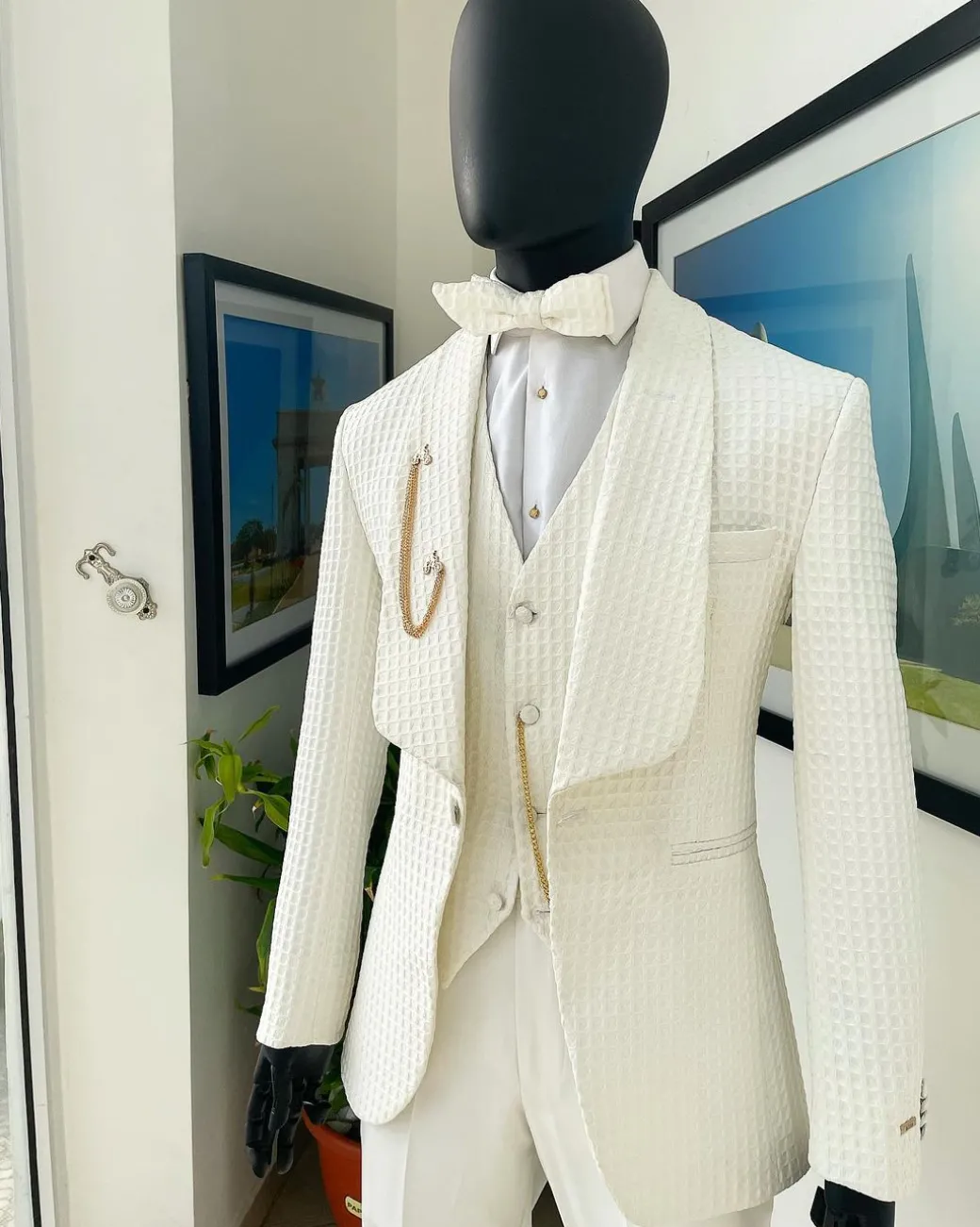 An Ivory White, Shawl Lapel, Plunged Square Patterned Jacquard Suit