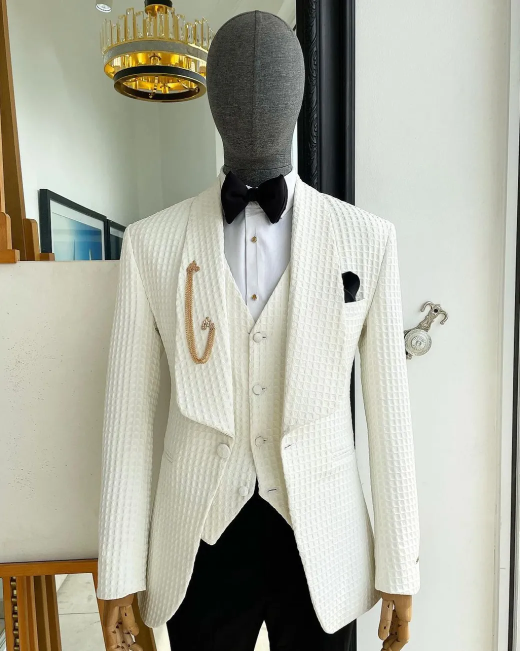 An Ivory White, Shawl Lapel, Plunged Square Patterned Jacquard Suit