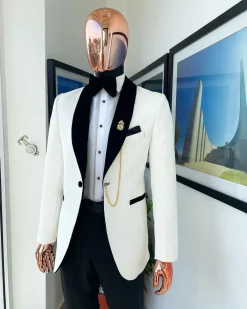 An Ivory white shawl lapel floral jacquard tuxedo suit
