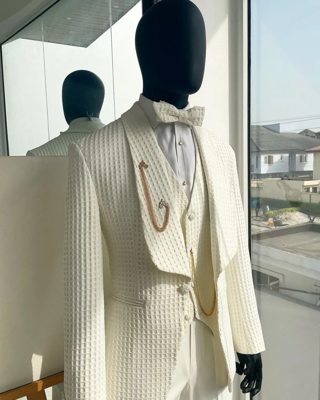 An Ivory White, Shawl Lapel, Plunged Square Patterned Jacquard Suit