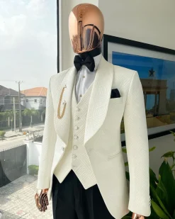 An Ivory White, Shawl Lapel “Maze” Line Intersection Japanese Patterned Jacquard Suit