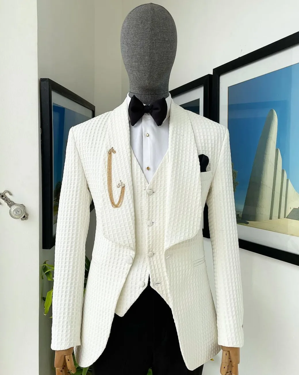 An Ivory White, Shawl Lapel, Plunged Square Patterned Jacquard Suit