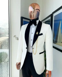 An Ivory white shawl lapel floral jacquard tuxedo suit