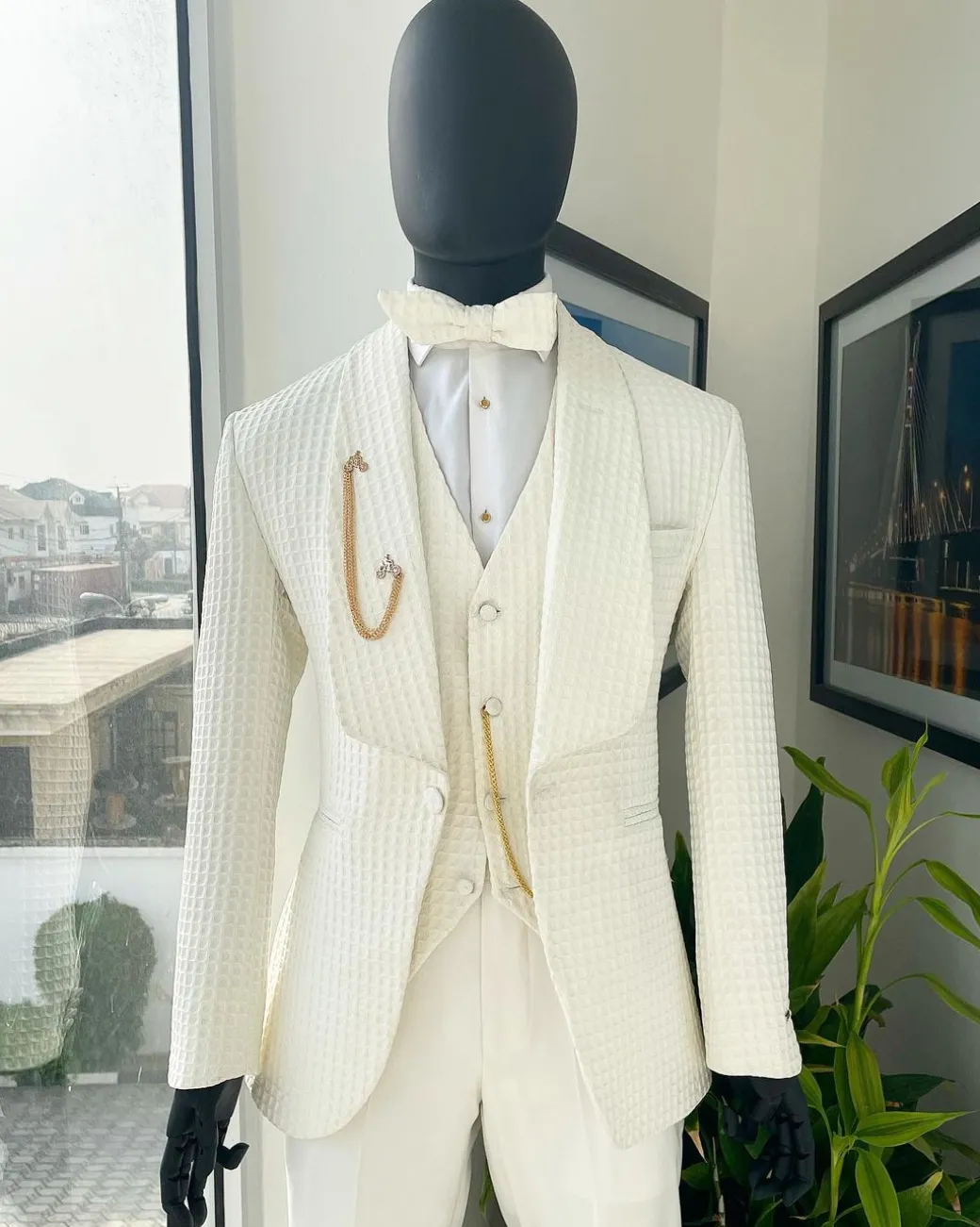 An Ivory White, Shawl Lapel, Plunged Square Patterned Jacquard Suit