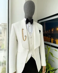An Ivory White, Shawl Lapel, Plunged Square Patterned Jacquard Suit