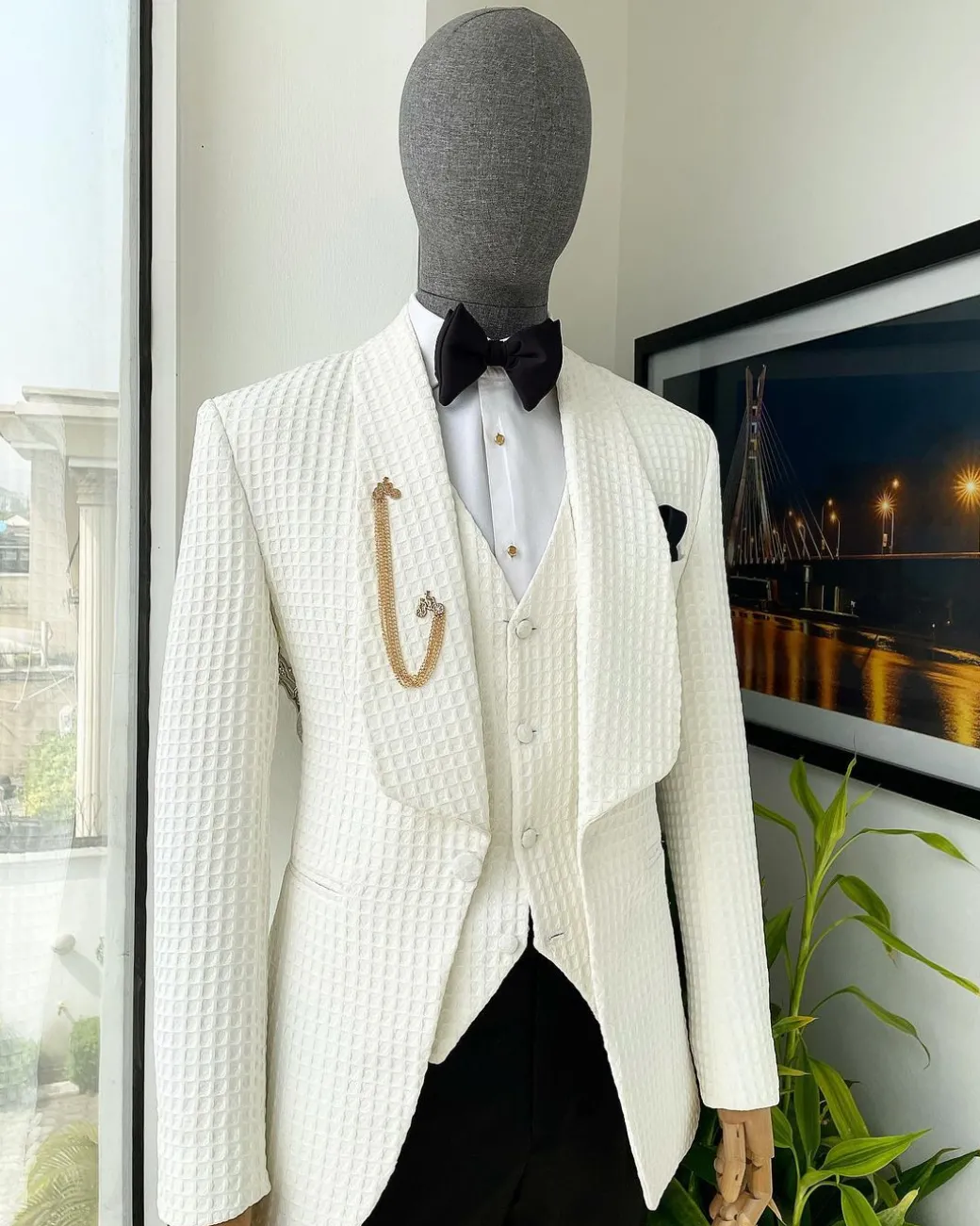 An Ivory White, Shawl Lapel, Plunged Square Patterned Jacquard Suit