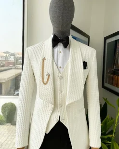 An Ivory White, Shawl Lapel, Plunged Square Patterned Jacquard Suit