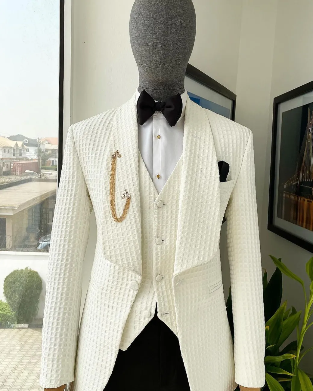 An Ivory White, Shawl Lapel, Plunged Square Patterned Jacquard Suit
