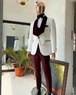An Ivory white Square pattern shawl lapel Jacquard tuxedo suit