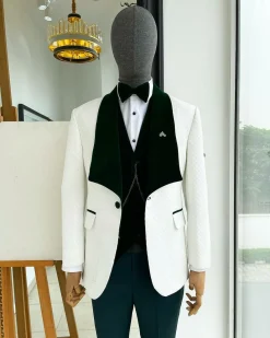 An Ivory white Square pattern jacquard shawl wide cut lapel jacquard Suit.