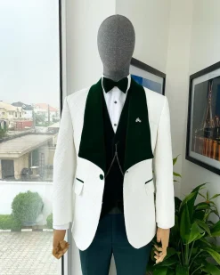 An Ivory white Square pattern jacquard shawl wide cut lapel jacquard Suit.
