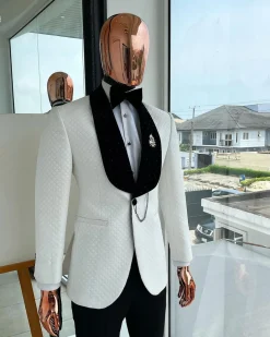 An Ivory white Square pattern jacquard shawl lapel jacquard tuxedo Suit
