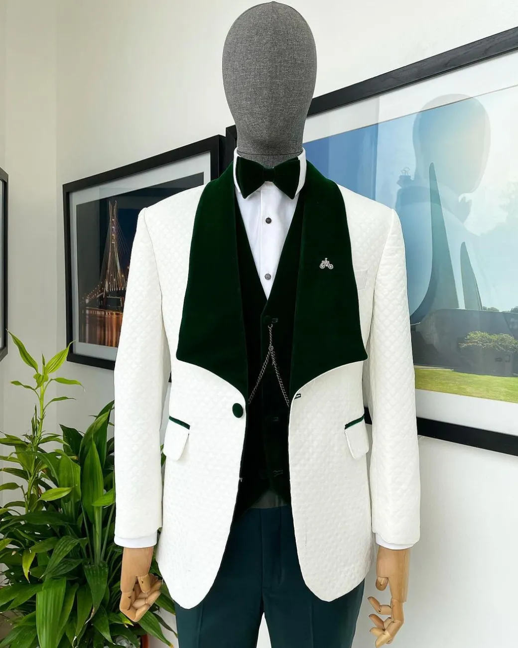 An Ivory white Square pattern jacquard shawl wide cut lapel jacquard Suit.