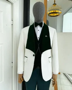 An Ivory white Square pattern jacquard shawl wide cut lapel jacquard Suit.
