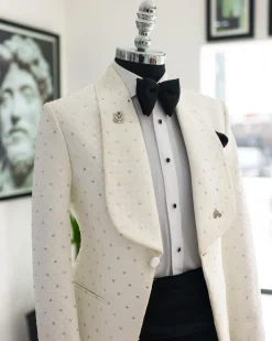 An Ivory White Square Pattern Jacquard, Shawl Lapel Tuxedo Suit