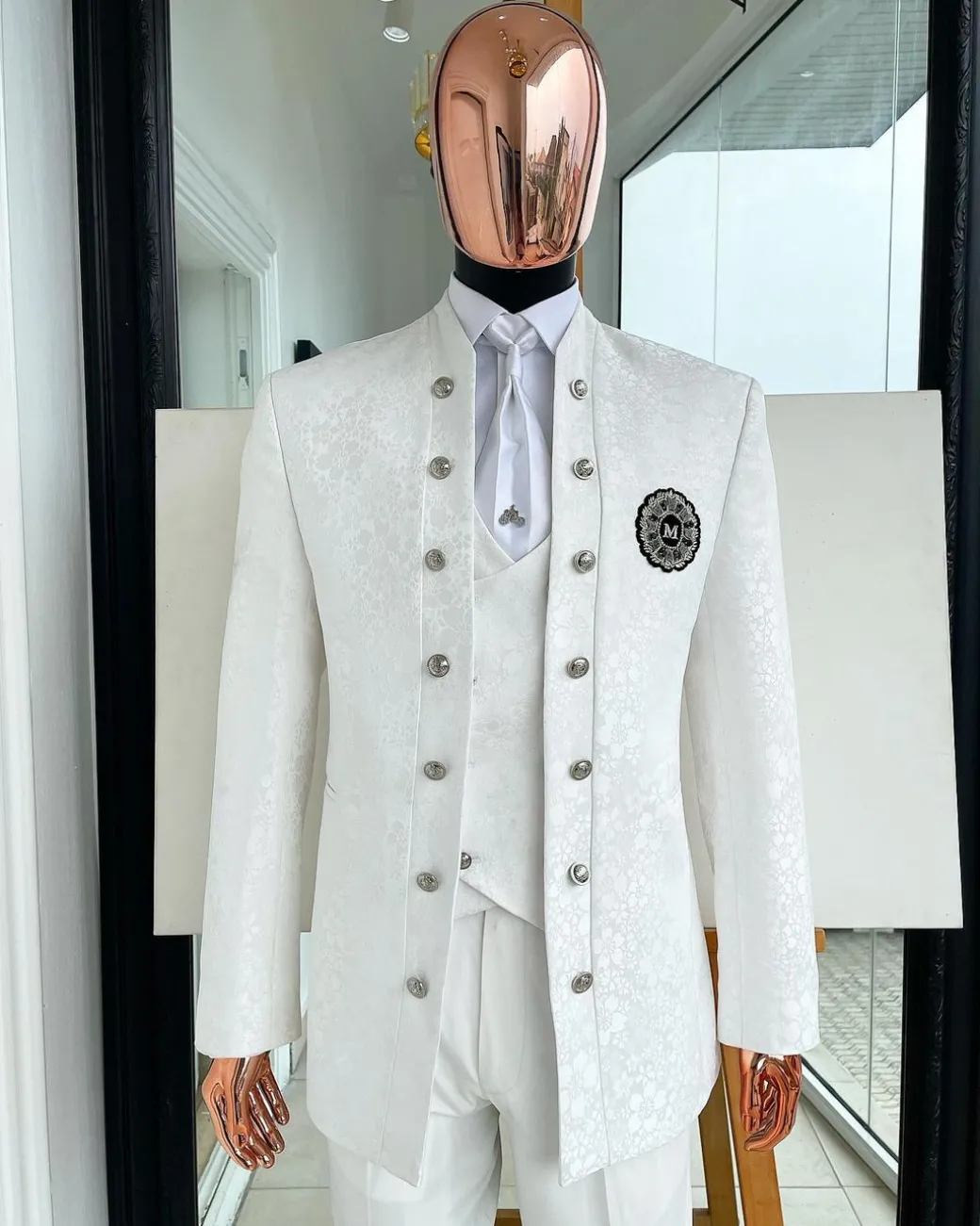 An Ivory white “stratosphere” dispersed pattern jacquard Suit