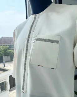 An Ivory white, Swarovski Clear Crystal Trim bling flap and pocket detailing, African traditional senator kaftan native.