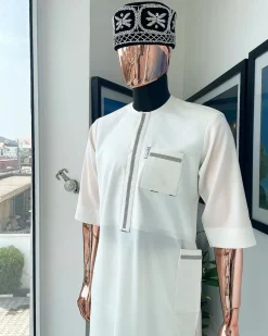 An Ivory white, Swarovski Clear Crystal Trim bling flap and pocket detailing, African traditional senator kaftan native.