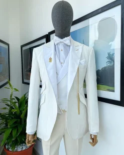 An Ivory white tear drop pattern jacquard hand picked peak lapel Suit.