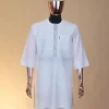 An Ivory white, wavy slide embroidery, 3/4-sleeve African senator kaftan native