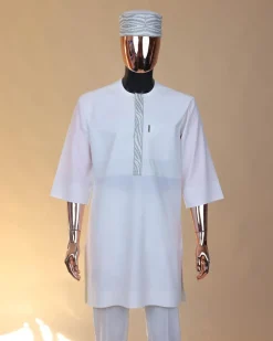 An Ivory white, wavy slide embroidery, 3/4-sleeve African senator kaftan native