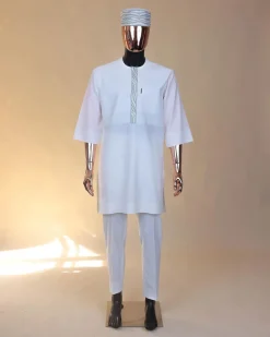 An Ivory white, wavy slide embroidery, 3/4-sleeve African senator kaftan native