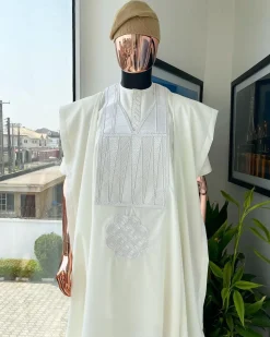 An Ivory white with connected zag and triangle embroidery Agbada
