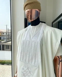 An Ivory white with connected zag and triangle embroidery Agbada