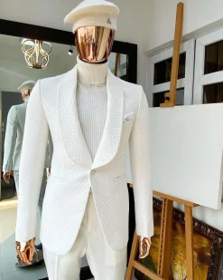 An Ivory white“Road To Damascus” Monochrome square patter jacquard tuxedo suit