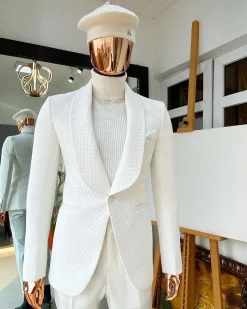 An Ivory white“Road To Damascus” Monochrome square patter jacquard tuxedo suit