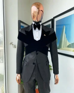An “Octopus” black inverted square patterned metallic jacquard tuxedo with intersected black velvet peak lapel suit