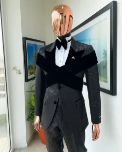 An “Octopus” black inverted square patterned metallic jacquard tuxedo with intersected black velvet peak lapel suit