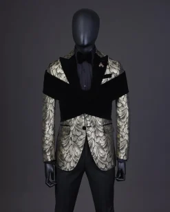 An “Octopus” Charcoal Black And Gold Splash, Peak Lapel Tuxedo Suit