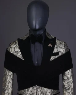 An “Octopus” Charcoal Black And Gold Splash, Peak Lapel Tuxedo Suit