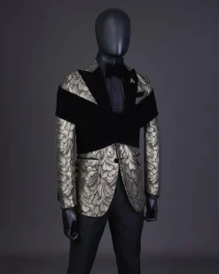 An “Octopus” Charcoal Black And Gold Splash, Peak Lapel Tuxedo Suit