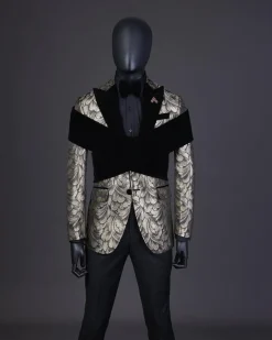 An “Octopus” Charcoal Black And Gold Splash, Peak Lapel Tuxedo Suit