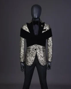 An “Octopus” Charcoal Black And Gold Splash, Peak Lapel Tuxedo Suit