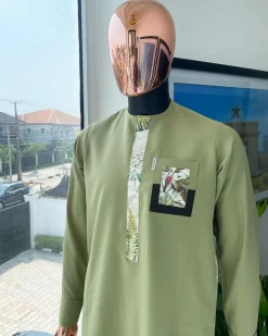 An Olive green and paisley flap detailing african traditional senator kaftan native.
