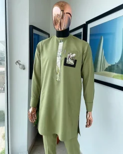 An Olive green and paisley flap detailing african traditional senator kaftan native.